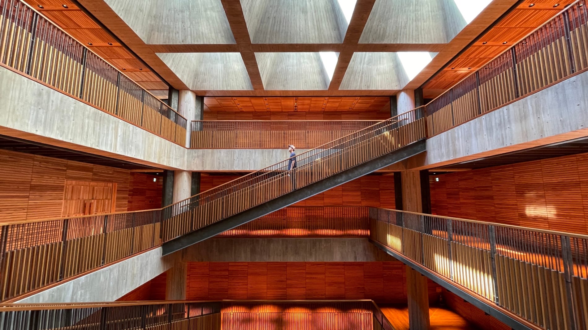 Eine lichtdurchflutete Treppenkonstruktion.