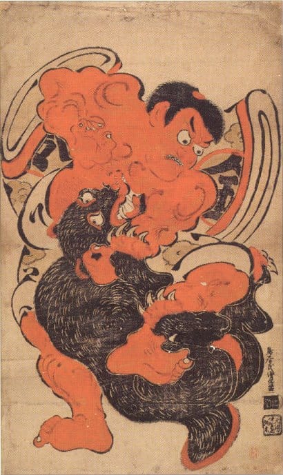 Kintoki ringt mit einem Schwarzbären, Holzschnittdruck von Torii Kiyomasu I, um 1700, Honolulu Academy of Arts