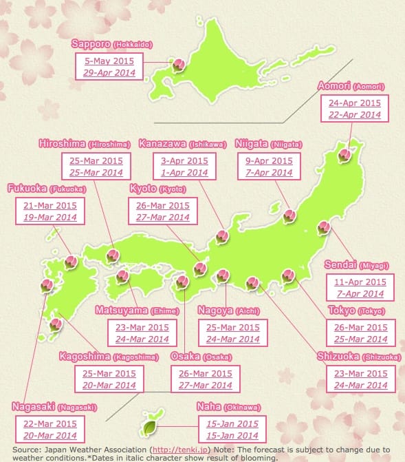 Die Kirschblüten-Vorhersagekarte auf Englisch, Stand: 26.2.2015